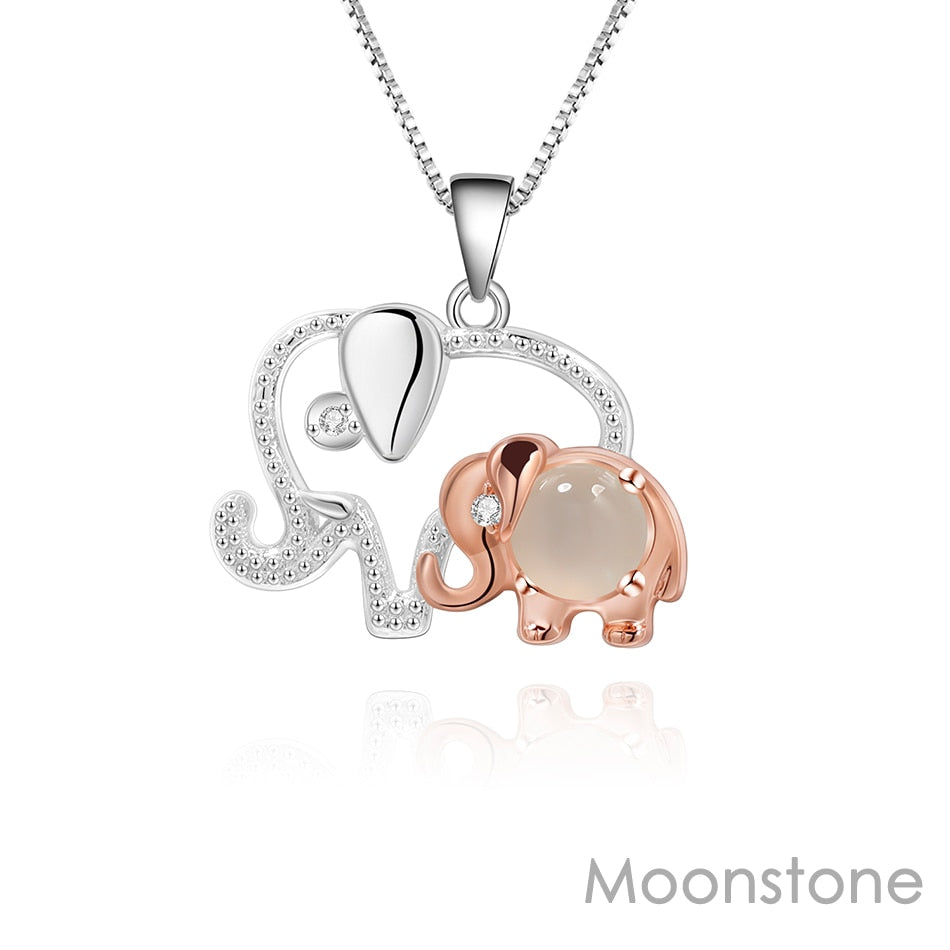 GEMSTONE Mother Baby Elephant 925 Sterling Silver Necklace Natural Round Gemstones Pendant