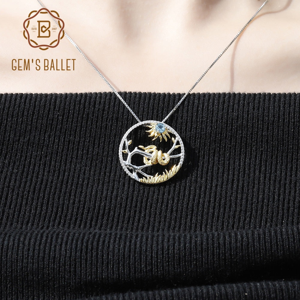 GEM Natural Swiss Blue Topaz Pendant Necklace 925 Sterling Silver Chinese Zodiac Plated Gold Snake Jewelry For Women