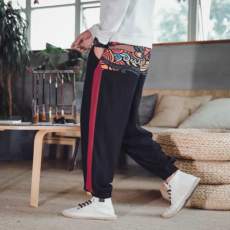 Men Streetwear Pants Printed Loose Leg Trousers