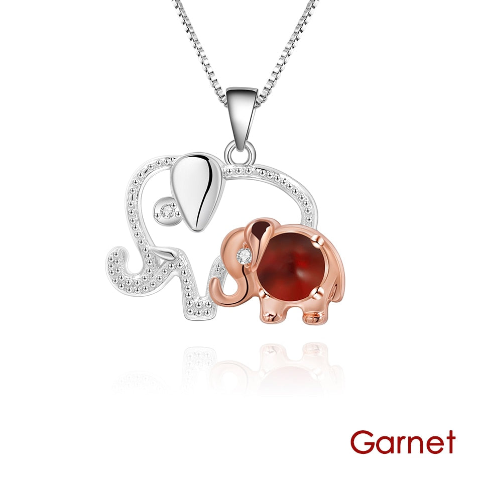 GEMSTONE Mother Baby Elephant 925 Sterling Silver Necklace Natural Round Gemstones Pendant