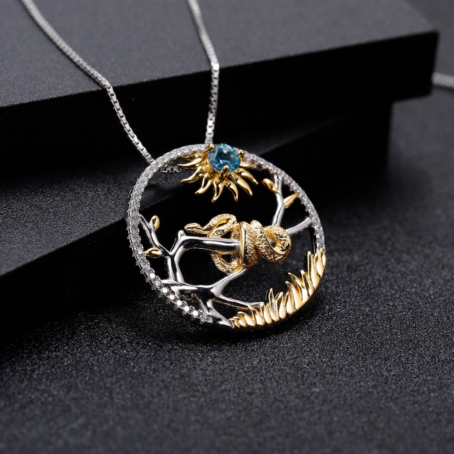 GEM Natural Swiss Blue Topaz Pendant Necklace 925 Sterling Silver Chinese Zodiac Plated Gold Snake Jewelry For Women