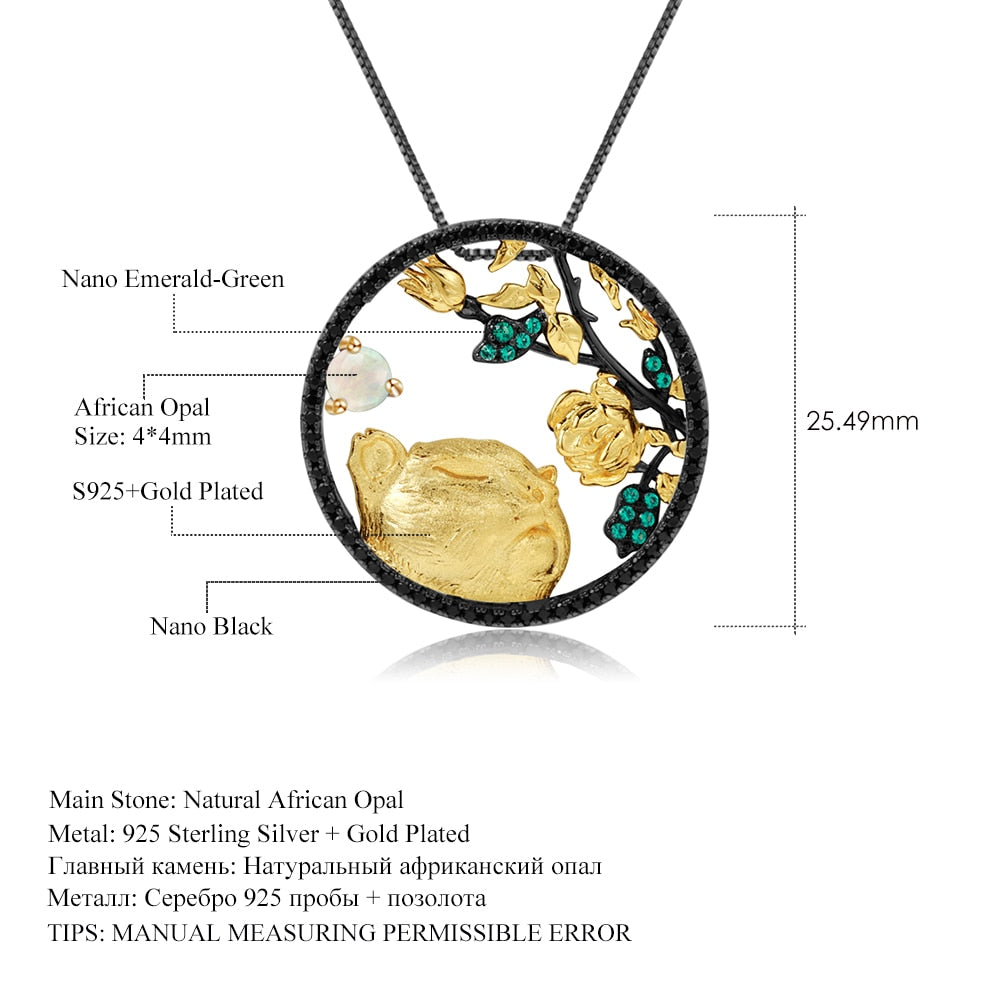 GEM&#39;S BALLET Natural African Opal Tiger sniffing Rose Jewelry 925 Sterling Silver Chinese Zodiac Pendant Necklace For Women