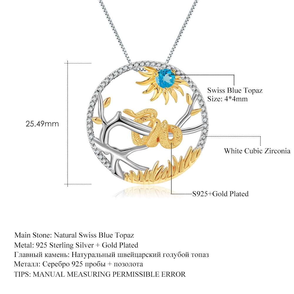 GEM Natural Swiss Blue Topaz Pendant Necklace 925 Sterling Silver Chinese Zodiac Plated Gold Snake Jewelry For Women