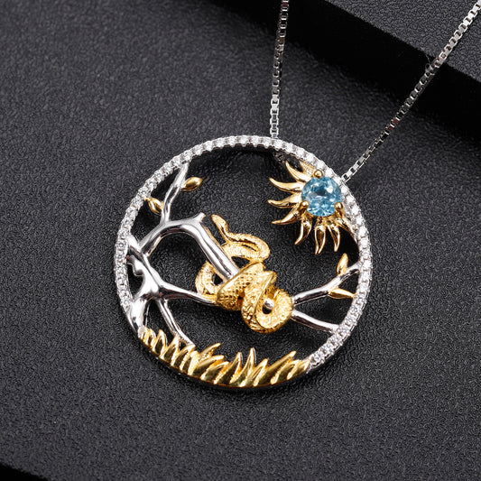 GEM Natural Swiss Blue Topaz Pendant Necklace 925 Sterling Silver Chinese Zodiac Plated Gold Snake Jewelry For Women