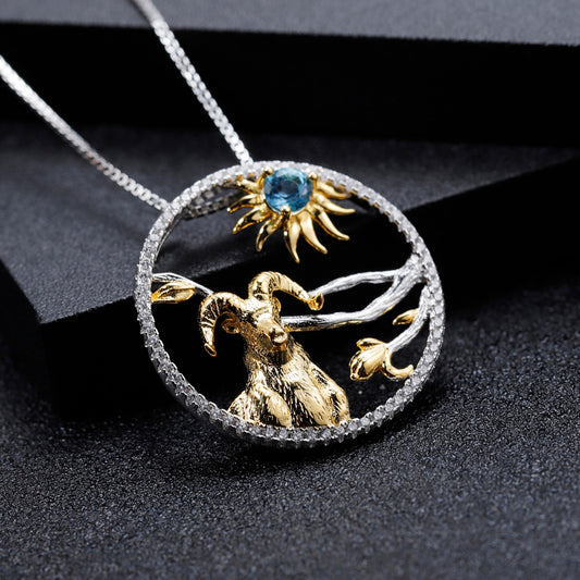 GEM BALLET Swiss Sterling Silver Blue Topaz Goat Necklace Pendant