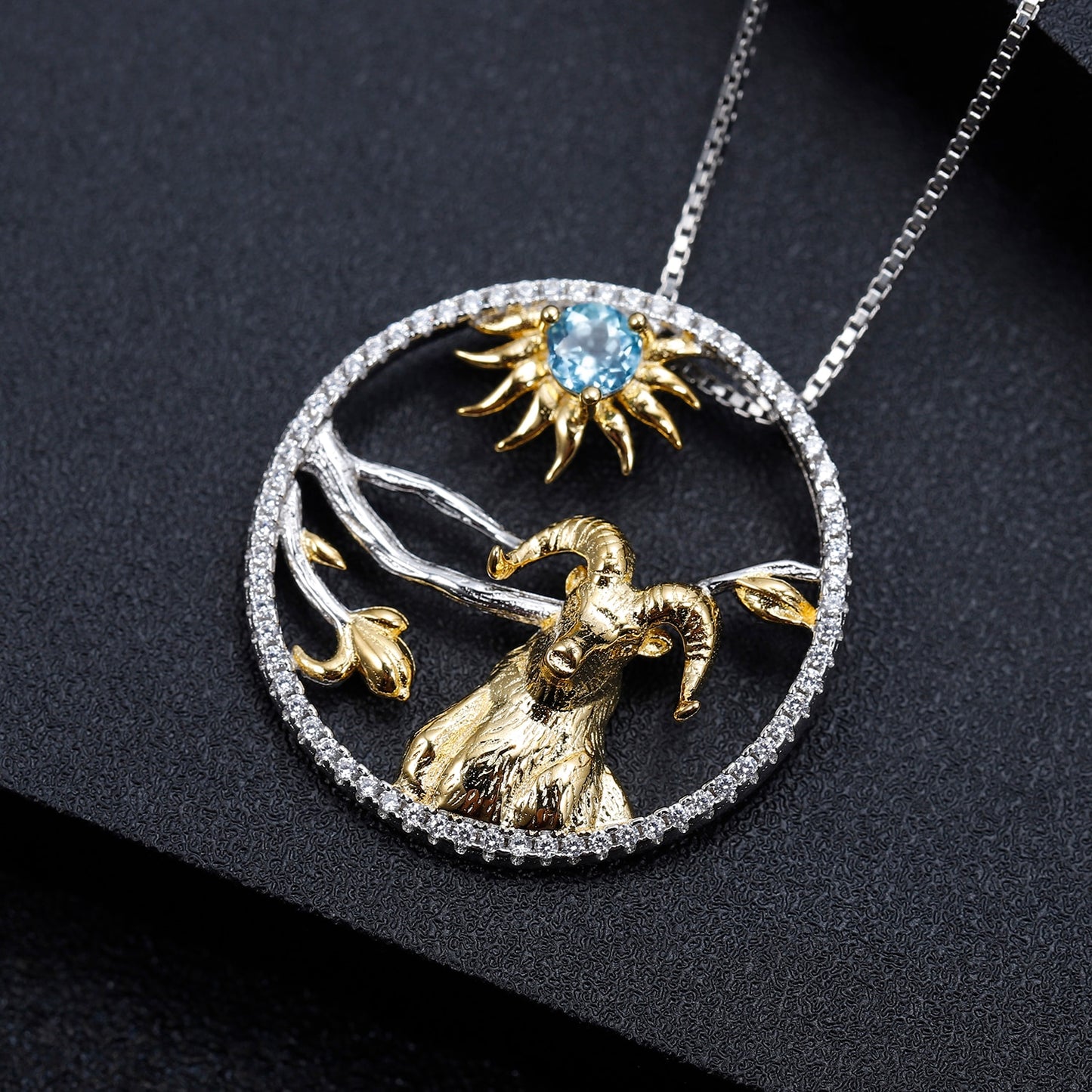 GEM BALLET Swiss Sterling Silver Blue Topaz Goat Necklace Pendant