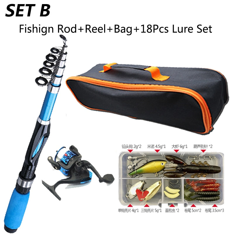 FIBERGLASS Telescopic Fishing Rod with Spinning Reel and Travel Kit