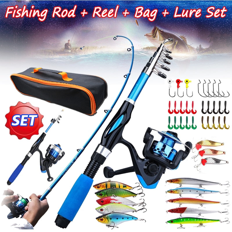 FIBERGLASS Telescopic Fishing Rod with Spinning Reel and Travel Kit