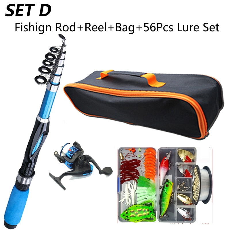 FIBERGLASS Telescopic Fishing Rod with Spinning Reel and Travel Kit