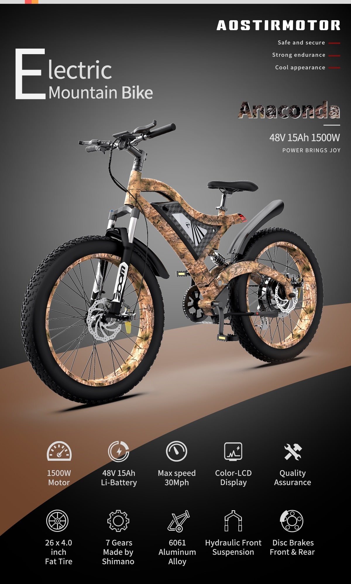 AOSTIRMOTOR ANNACONDA  Electric Mountain/Beach/City Cruiser E-Bike