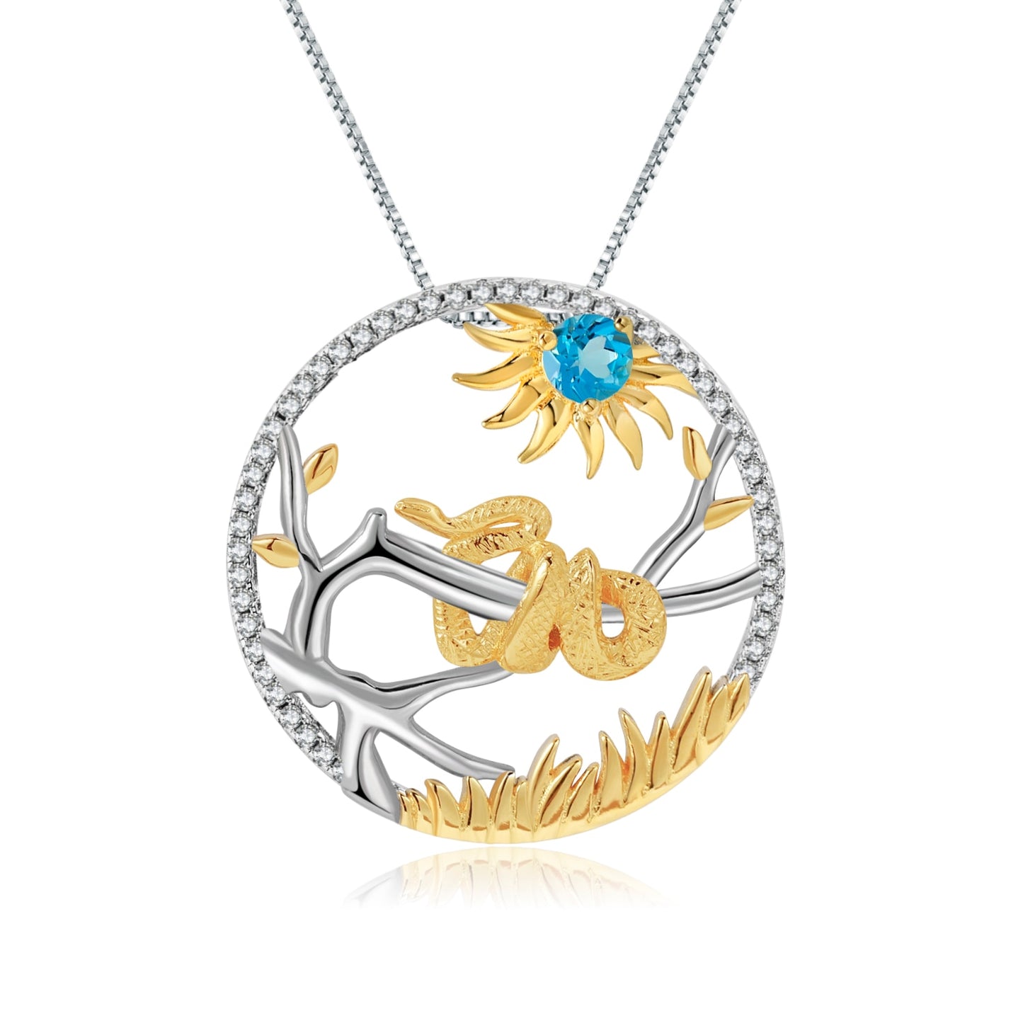 GEM Natural Swiss Blue Topaz Pendant Necklace 925 Sterling Silver Chinese Zodiac Plated Gold Snake Jewelry For Women