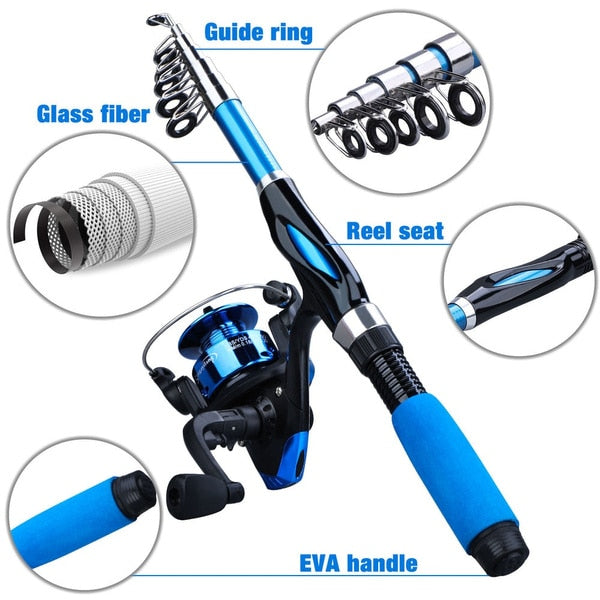 FIBERGLASS Telescopic Fishing Rod with Spinning Reel and Travel Kit