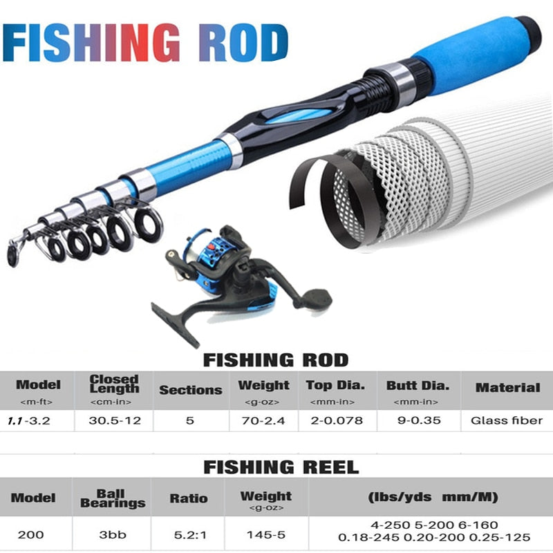 FIBERGLASS Telescopic Fishing Rod with Spinning Reel and Travel Kit