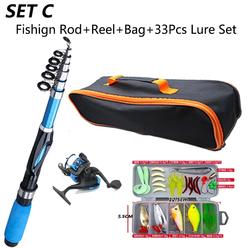 FIBERGLASS Telescopic Fishing Rod with Spinning Reel and Travel Kit