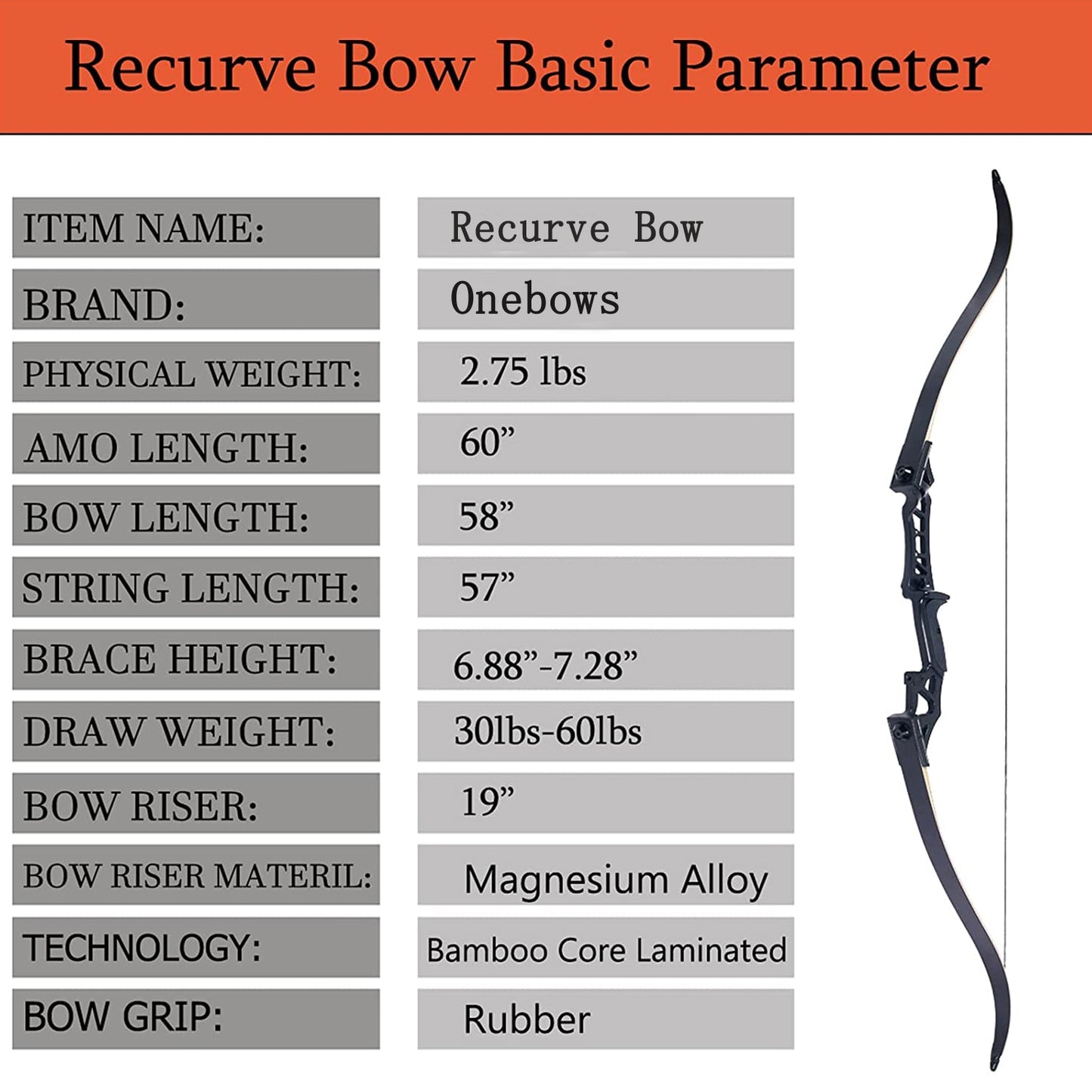 Archery R/H Hunting Bow Recurve 60 inch Metal Riser